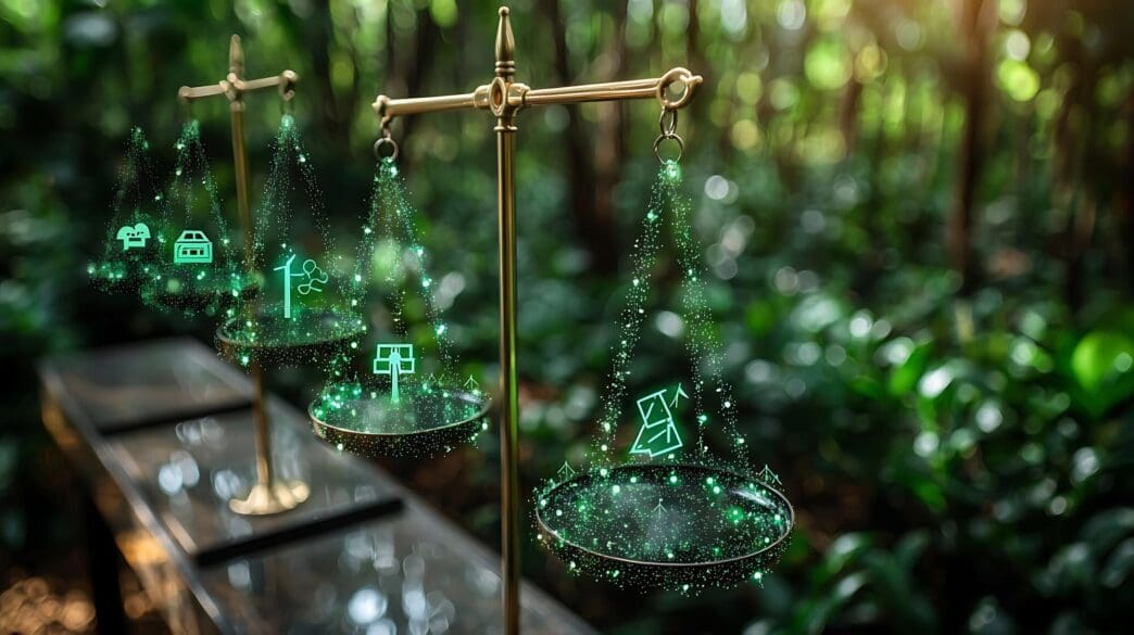 Abstract illustration of a balance scale with icons representing renewable energy sources and carbon reduction measures.