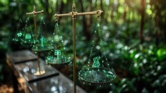 Abstract illustration of a balance scale with icons representing renewable energy sources and carbon reduction measures.