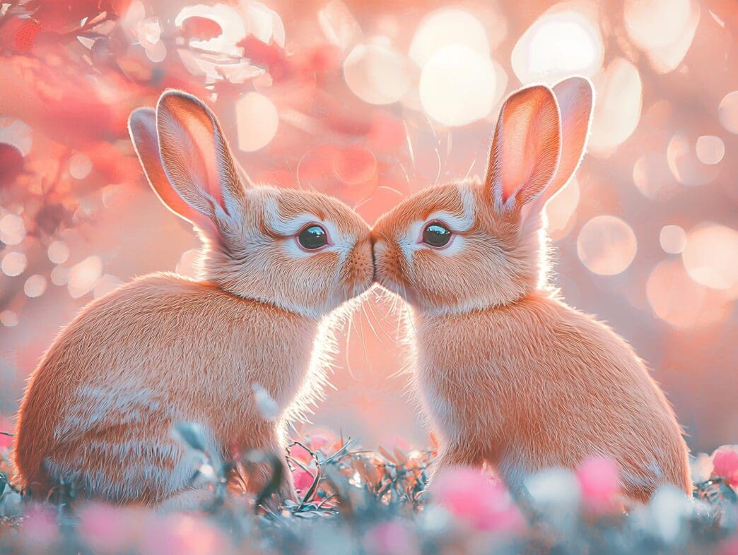 Two fluffy bunnies, nose to nose, share a kiss amidst a pastel pink garden setting.