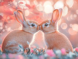 Two fluffy bunnies, nose to nose, share a kiss amidst a pastel pink garden setting.
