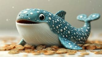 A cute cartoon whale swims amidst a shower of shimmering golden coins in a 3D rendering.