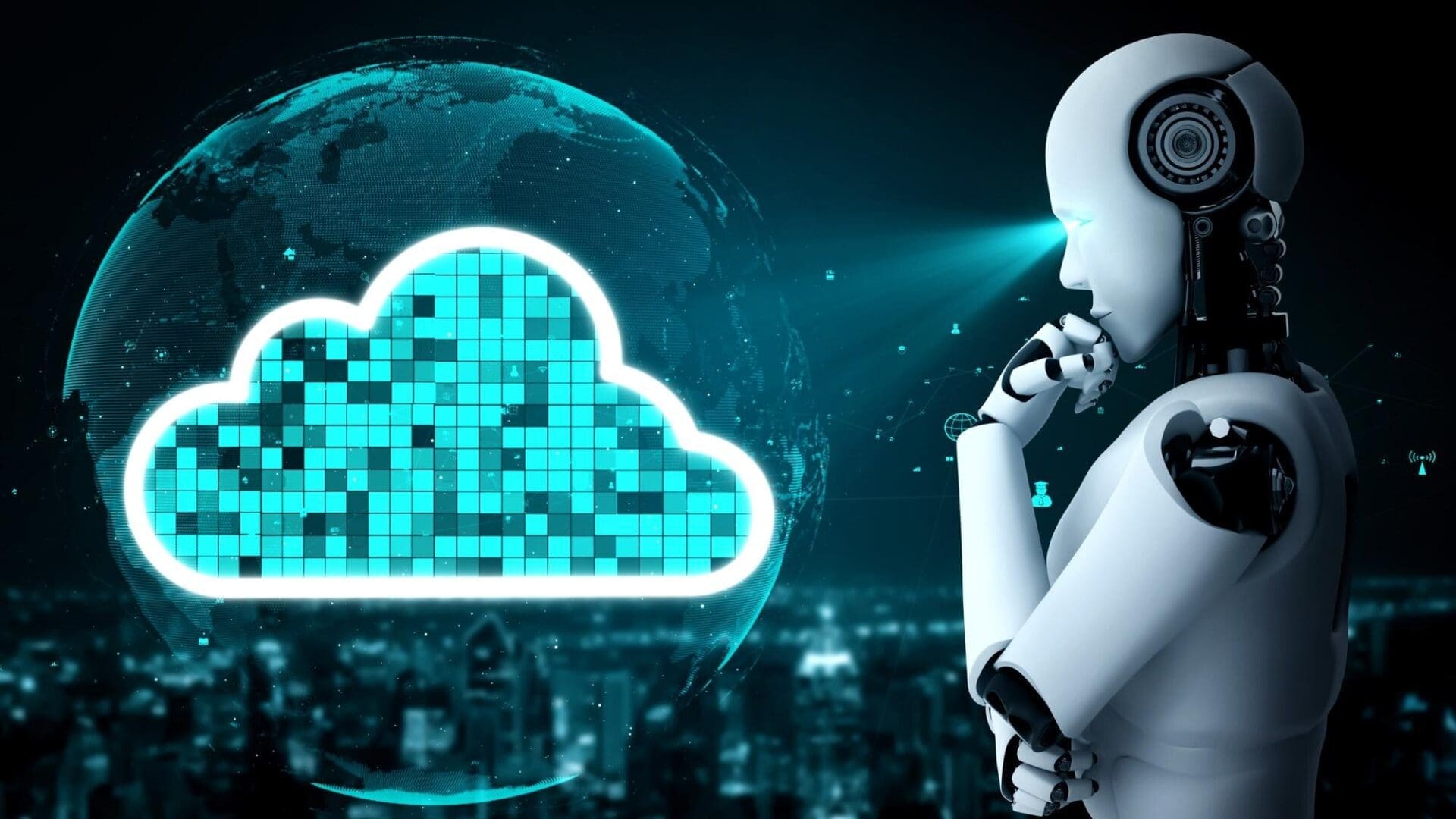 An AI humanoid robot uses cloud computing to access data from an online server.