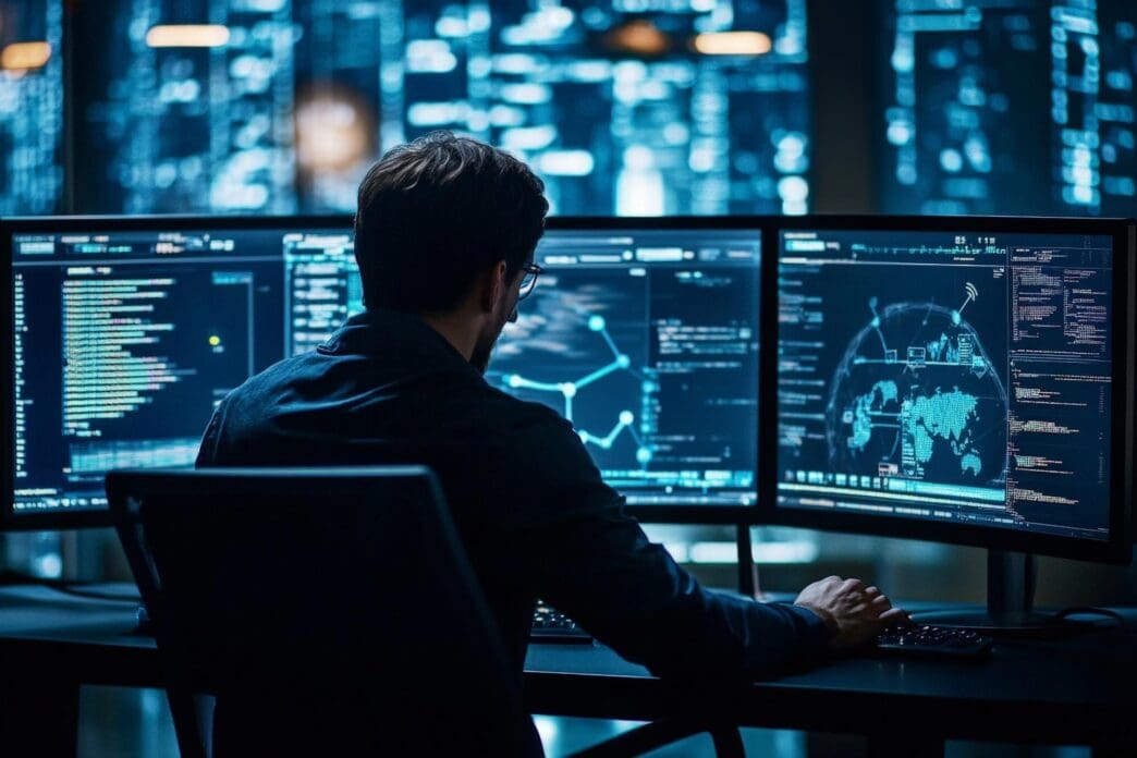 An AI system monitors cybersecurity threats in real-time to help businesses defend against hacking and data breaches.
