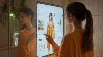 A person interacts with a smart mirror displaying AI-generated fashion and fitness data.