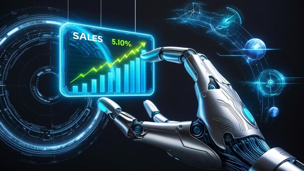 A futuristic graphic visualizes sales growth powered by artificial intelligence, depicting business success.