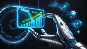 A futuristic graphic visualizes sales growth powered by artificial intelligence, depicting business success.
