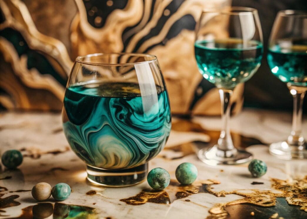 Abstract alcohol ink art with a colorful texture, featuring blue and aquamarine hues with marble-like patterns and splatter effects.