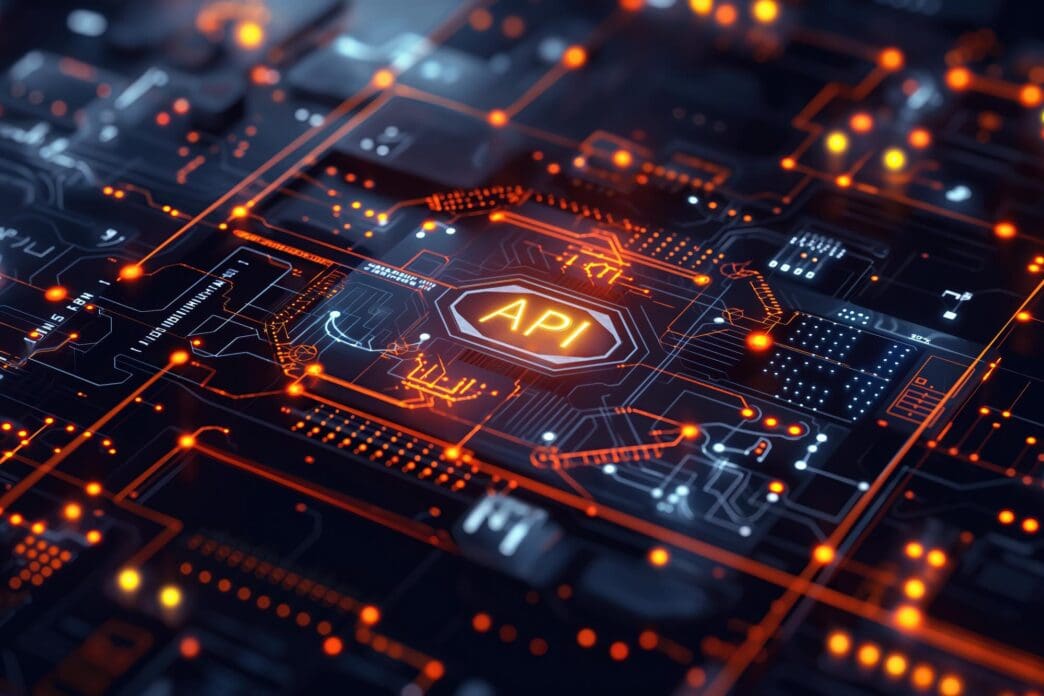 Diagram of an API visualization overlaid on an electronic circuit board, representing software integration within a digital network.