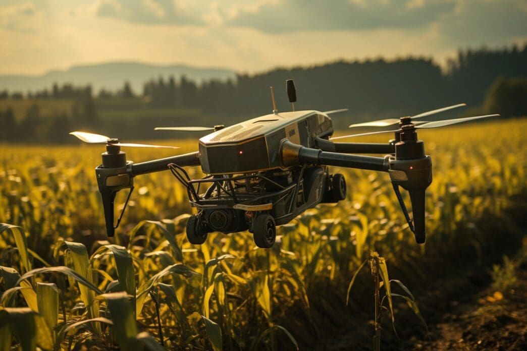 A small drone flies over a vast corn field, likely capturing aerial footage.
