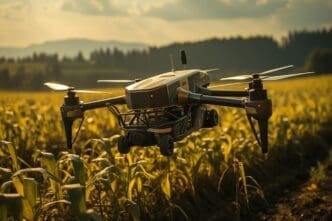 A small drone flies over a vast corn field, likely capturing aerial footage.