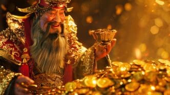 A giraffe wearing a beard and crown holds a gold cup, created with artificial intelligence.