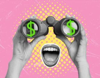 A hand holds binoculars with money taped to the lenses, creating a collage.