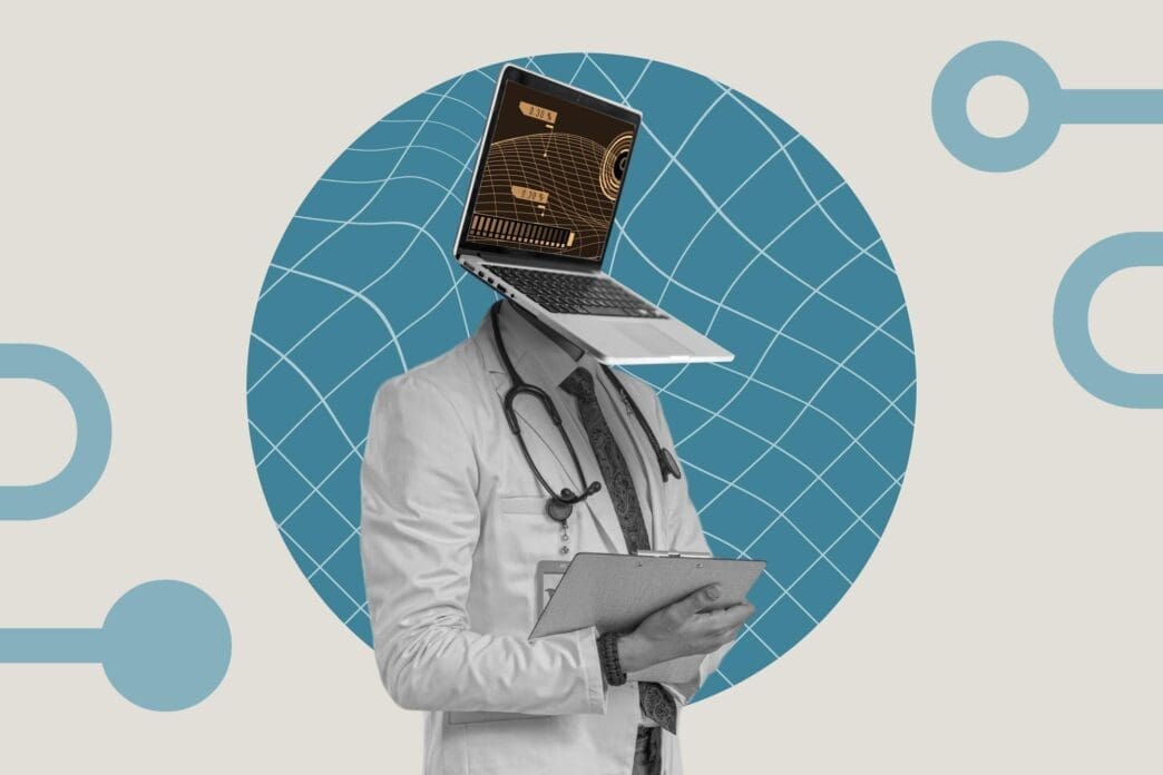 An illustration depicts artificial intelligence technology analyzing complex medical data in a healthcare setting.