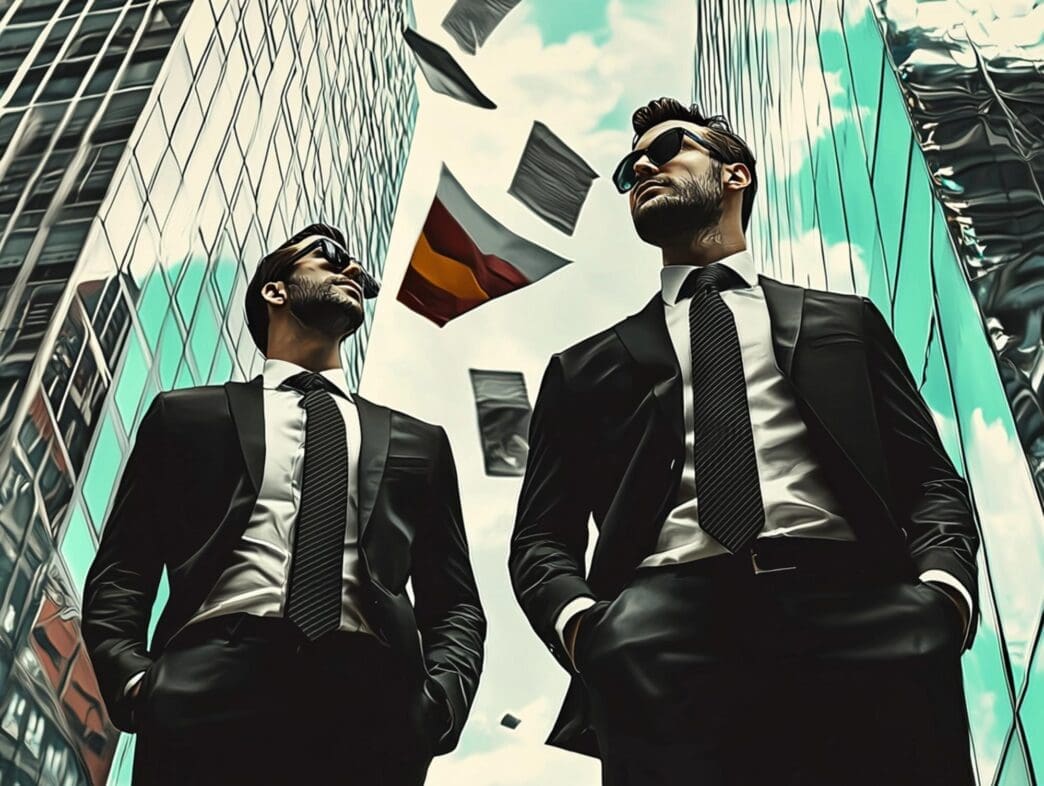 A digital matrix displays business data, suggesting artificial intelligence and financial concepts.