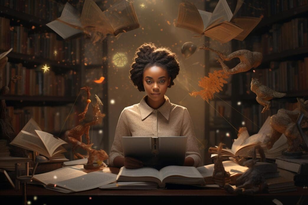 Abstract artwork featuring diverse interpretations of African American authors.