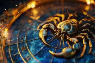 Abstract, colorful artwork features the Cancer zodiac symbol within a fictional, fantastical background.