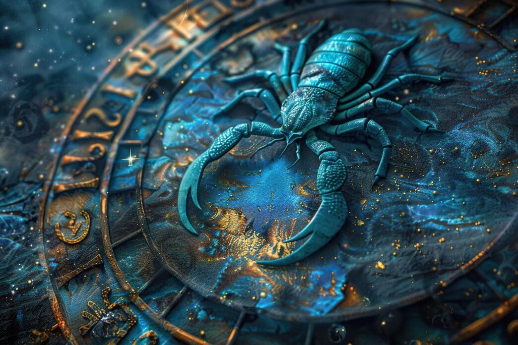 A stylized illustration depicts the Scorpio zodiac symbol, often represented by a scorpion.