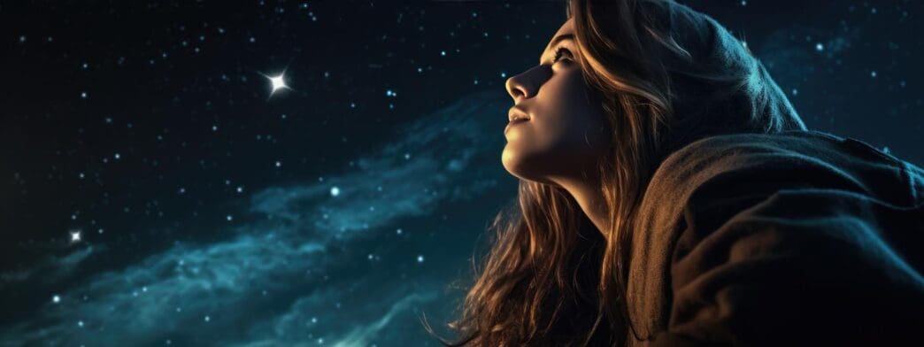 An astronomer gazes through a telescope at a dark night sky filled with stars.