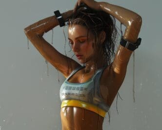 Attractive female fitness model wearing a smartwatch and fitness tracker.