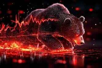 A bear claw graphic slashes through a digital stock screen displaying plummeting red arrows and numbers.