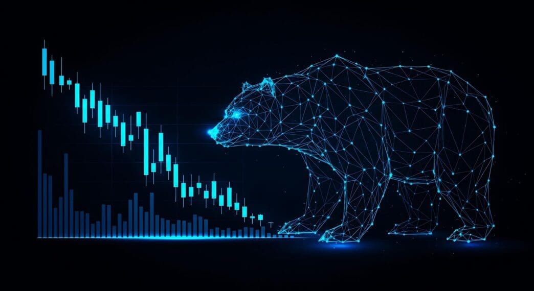 A line graph shows a downward trend of stock market data, representing a bear market.