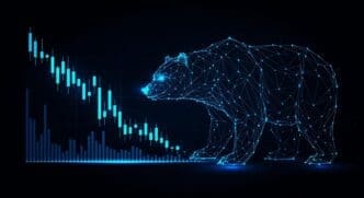 A line graph shows a downward trend of stock market data, representing a bear market.
