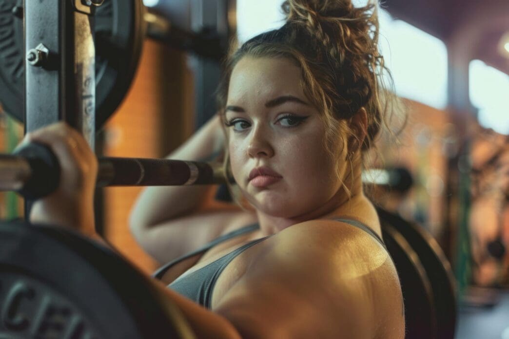 An AI-generated image depicts a smiling, plus-size woman in sportswear inside a gym.