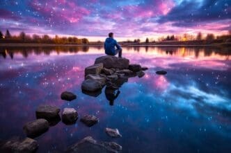 A stunning night sky is filled with a gradient of blue and purple hues and sparkling stars.