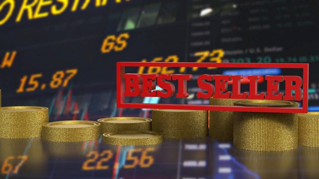 3D rendering of a stack of books labeled "Best Seller" with coins on top, representing a business concept.