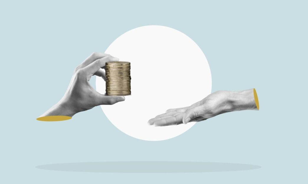 A large hand extends, offering a stack of coins.