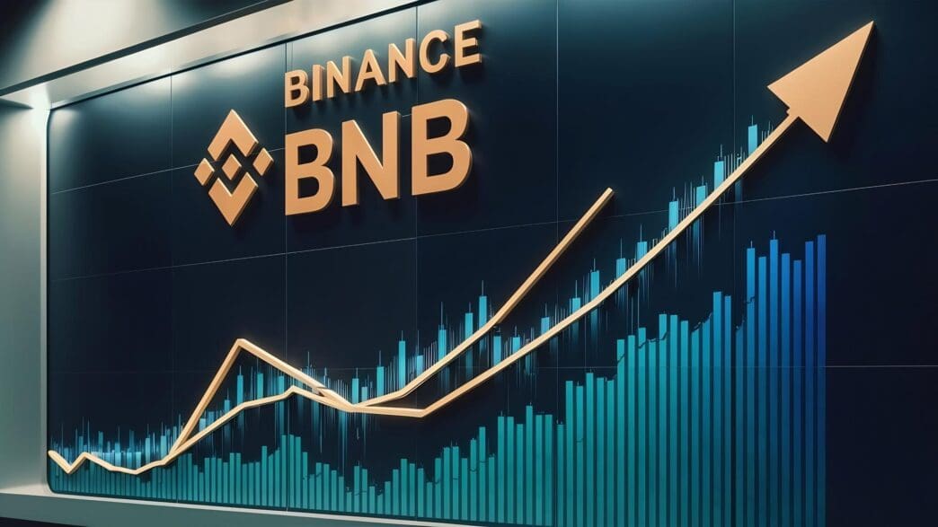 Line graph showing the growth of Binance Coin (BNB) cryptocurrency on an exchange chart.