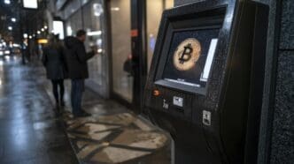 A bitcoin ATM is illuminated at night on a city street, with one person using their phone and another interacting with the machine.
