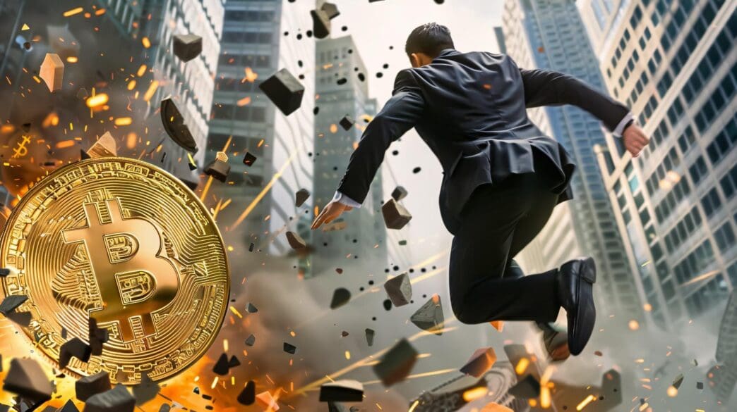 A cartoon image depicts a large Bitcoin chasing a businessman who is running away from a plunging cryptocurrency price graph.