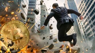 A cartoon image depicts a large Bitcoin chasing a businessman who is running away from a plunging cryptocurrency price graph.