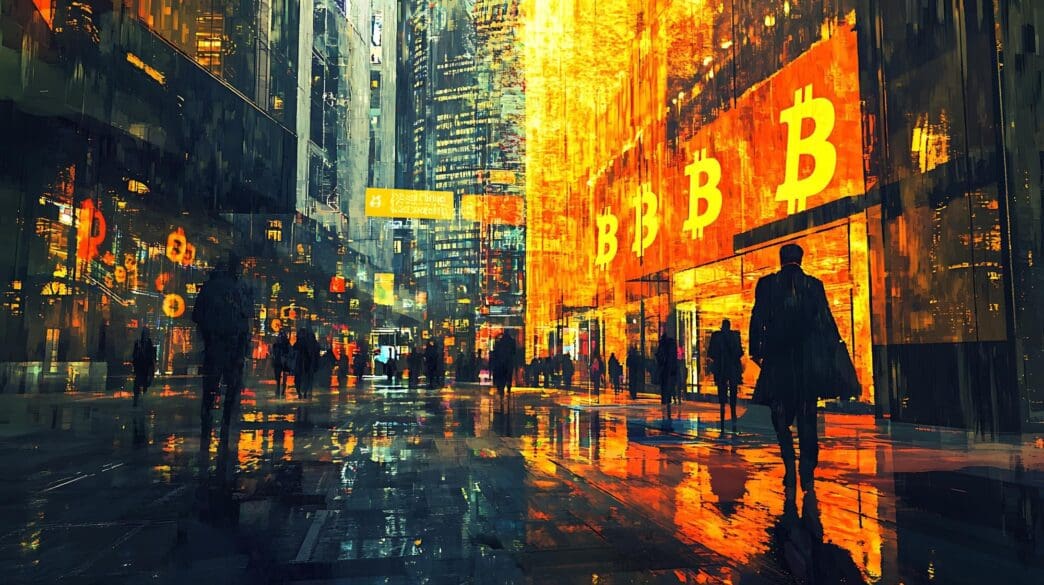 A futuristic cityscape glows with neon lights, suggesting a vibrant cryptocurrency metropolis at night.