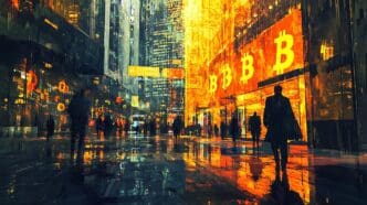 A vibrant cityscape glows with neon lights, showcasing a futuristic metropolis inspired by cryptocurrency.