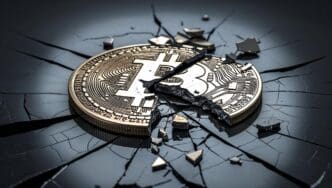 Bitcoin coin emerging from a cracked surface, representing market volatility and challenges for digital currency.