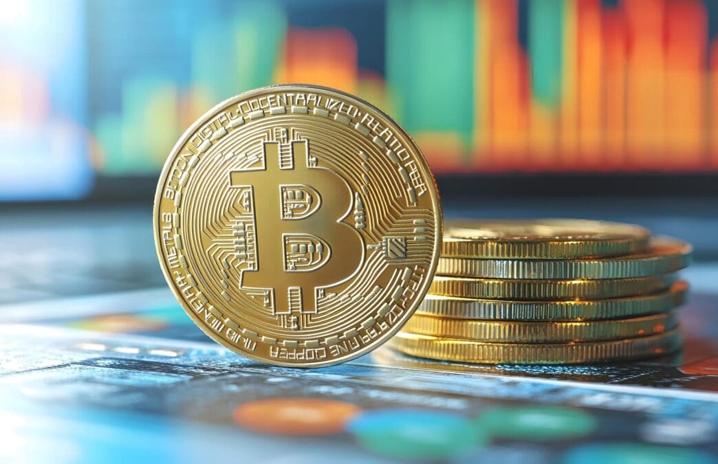 A graph depicts the fluctuating value of Bitcoin and other cryptocurrencies.