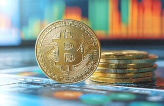 A graph depicts the fluctuating value of Bitcoin and other cryptocurrencies.