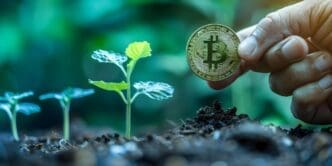 Bitcoin nestled in soil next to a sprouting seedling, representing growth and investment.