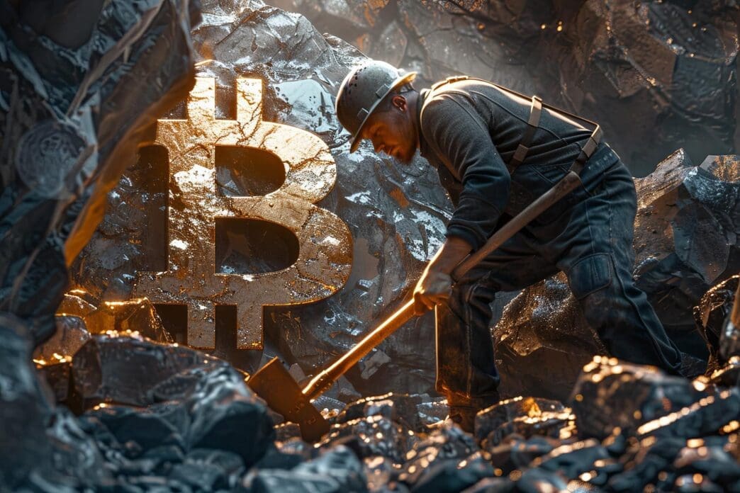 A person with a pickaxe mines digital gold, represented by glowing coins, in a dark mine.