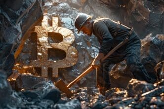 A person with a pickaxe mines digital gold, represented by glowing coins, in a dark mine.