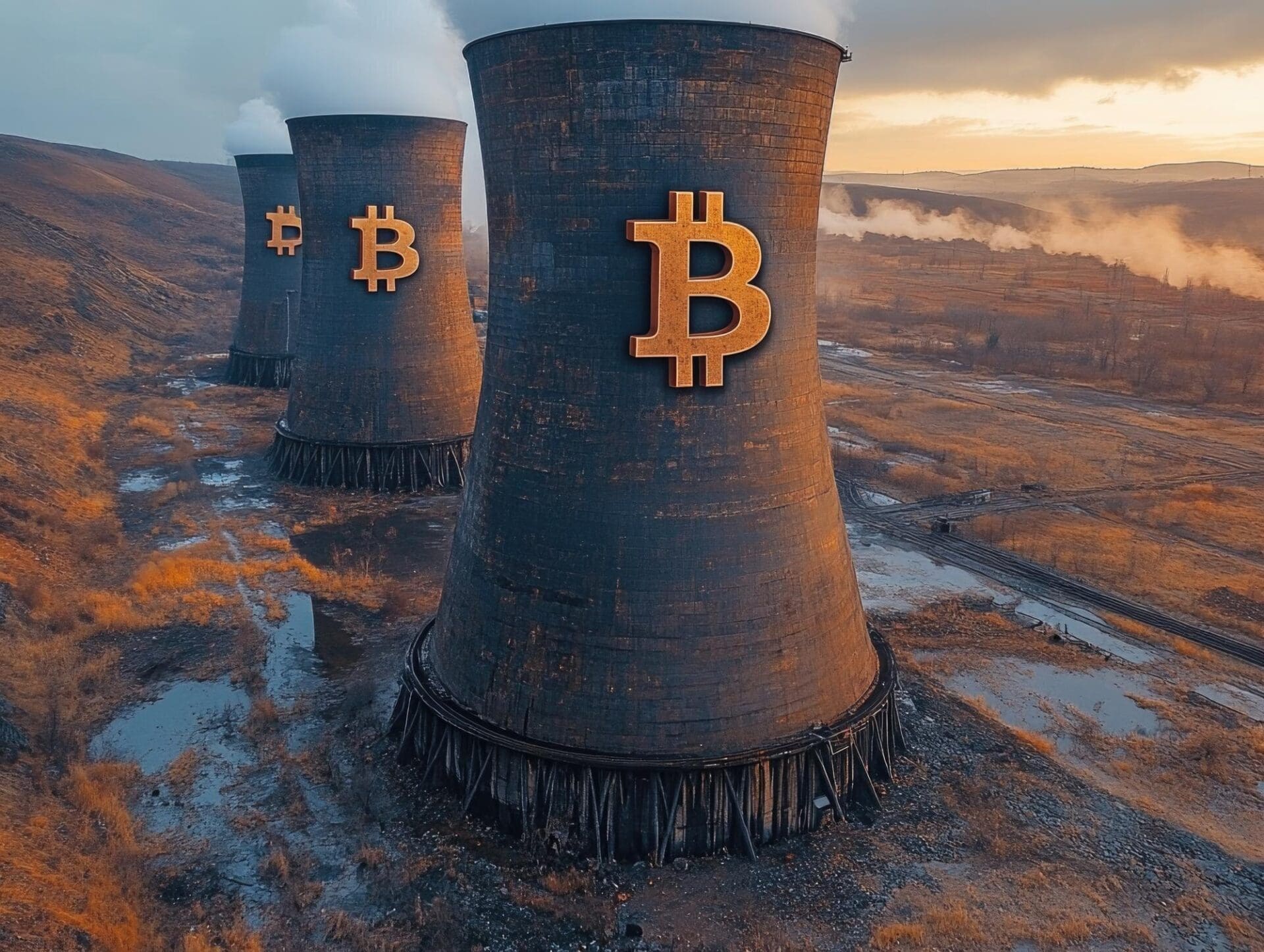 Bitcoin mining symbol on industrial cooling towers in a vast, desolate landscape.