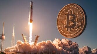 A cartoon rocket ship with a Bitcoin logo on its side is blasting off toward the moon.