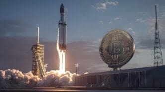 A graphic depicts a Bitcoin logo soaring toward a cartoon moon.