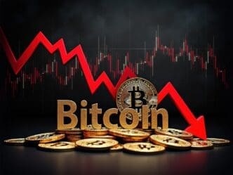 A chart shows a steep downward trend, illustrating a rapid decline in the price of Bitcoin, suggesting financial loss and a market crash.