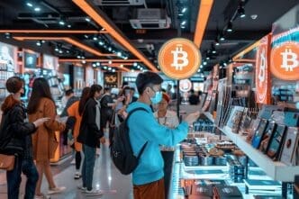 A person demonstrates a Bitcoin product in a retail store, with a cryptocurrency concept displayed on a screen in the background.