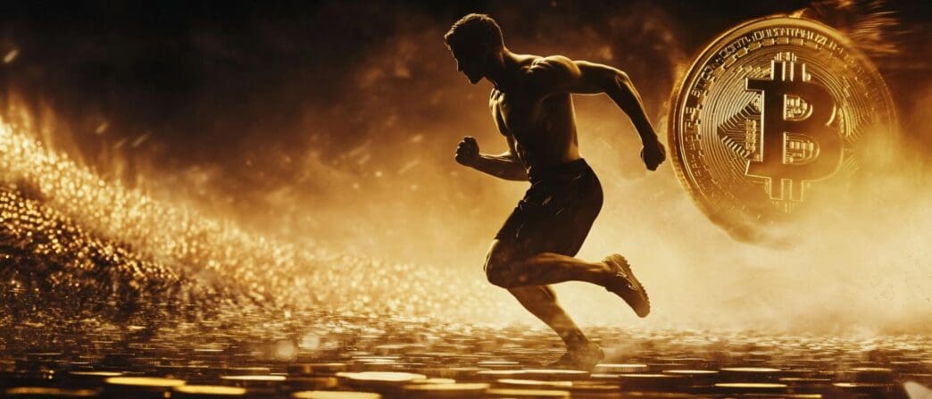 A stylized graphic depicts a gold Bitcoin symbol rushing forward with speed lines.