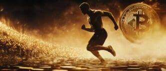 A stylized graphic depicts a gold Bitcoin symbol rushing forward with speed lines.