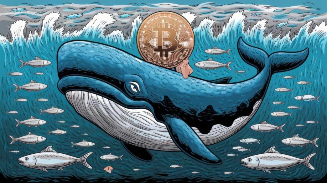 A digital illustration depicts a whale swimming in a sea of bitcoin symbols, representing large holders influencing cryptocurrency prices.